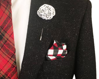 White and Black Dot Ruffle Flower Lapel Pin