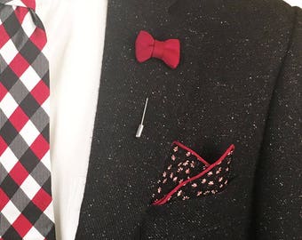 Black Pocket Square, Floral Pocket Square, Red Pocket Square,  Black Wedding Accessories, Mens Lapel Pin, Red Bowtie Lapel Pin, Boutonniere