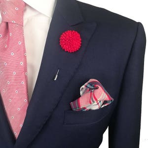 Red Pocket Square, Plaid Pocket Square, Navy Blue Pocket Square,  Wedding, Mens Lapel Pin, Red Lapel Pin, Boutonniere, Groomsmen