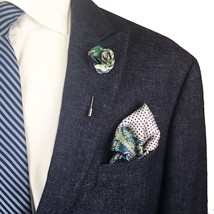 Green Lapel Pin, Plaid Flower Pin, Wedding, Mens Lapel Pin, Boutonniere, Green Wedding Accessories, Groomsmen, Blue Lapel Pin
