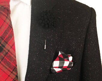 Black Lapel Pin, Black Flower Pin, Wedding, Mens Lapel Pin, Boutonniere, Black Wedding Accessories, Groomsmen, Maroon Pocket Square, Plaid