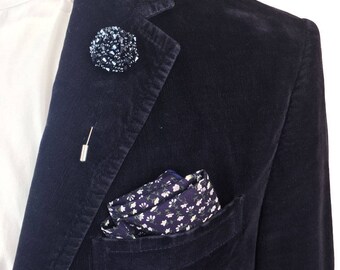 Navy Blue Pocket Square, Floral Print Pocket Square, Green Pocket Square,  Wedding, Mens Lapel Pin, Green Lapel Pin, Boutonniere