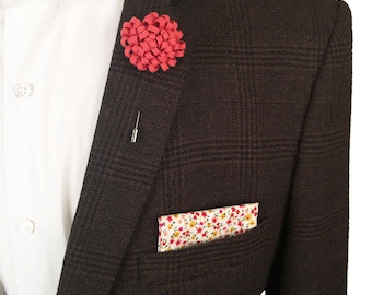 Cream Pocket Square, Floral Pocket Square, Red Pocket Square,  Cream Wedding Accessories, Mens Lapel Pin, Red Lapel Pin, Boutonniere