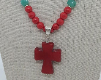 Red Jasper Chrysoprase and Magnesite Gemstone Christian Cross Necklace