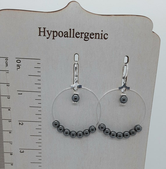 Hematite Natural Non-magnetic Hoop Lever Back Earrings