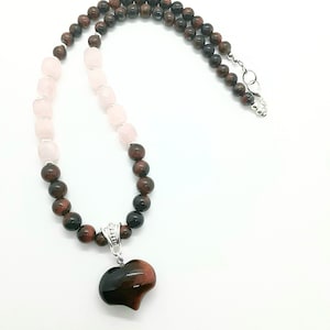 Natural Red Tigers Eye and Cube cut Rose Quartz Pendant Heart Necklace
