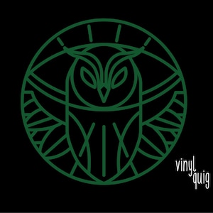 May include: A green line art owl design within a circle, set against a black background. The owl is stylized with geometric shapes. The text "vinyl quig" is in the lower right corner.
