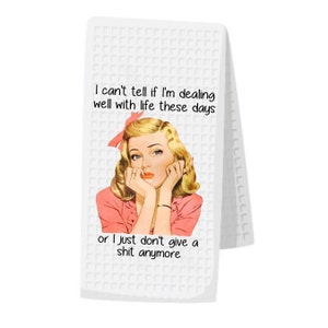 Funny Retro Housewife Towel, Funny Kitchen Towel, Sarcastic Kitchen Towel, Housewarming Friendship Gift, Dish Towels, Free Personalization I CAN'T TELL