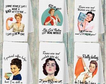 Funny Retro Housewife Tea Towel, Funny Dish Towel, Sarcastic Kitchen Towel, Housewarming Gift, Microfiber Dish Towel, Waffle Weave Towel