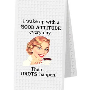Funny Retro Housewife Towel, Funny Kitchen Towel, Sarcastic Kitchen Towel, Housewarming Friendship Gift, Dish Towels, Free Personalization GOOD ATTITUDE