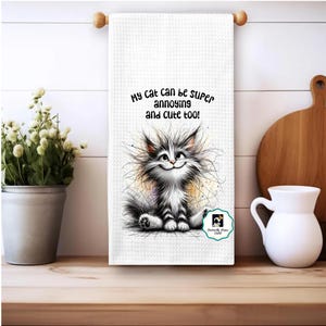 Grappige kat theedoek, schattige kat theedoek, super irritante kat keukenhanddoek, dierlijke theedoek, handdoek gekke kat, super irritante schattige kattenhanddoek