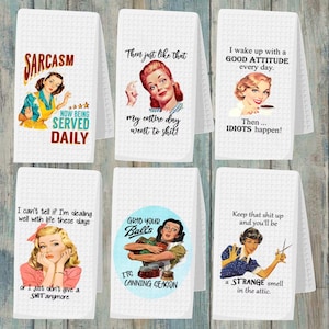 Funny Retro Housewife Towel, Funny Kitchen Towel, Sarcastic Kitchen Towel, Housewarming Friendship Gift, Dish Towels, Free Personalization