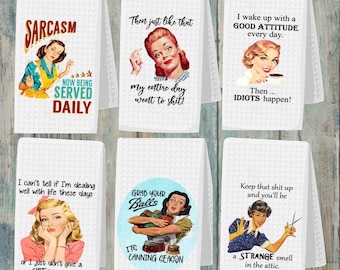 Funny Retro Housewife Towel, Funny Kitchen Towel, Sarcastic Kitchen Towel, Housewarming Friendship Gift, Dish Towels, Free Personalization