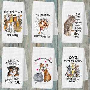 Funny Dog and Cat Tea Towels, Sarcastic Animal Waffleweave Kitchen Towel, Crazy Cat Lady Microfiber Dish Towel, Snarky Kitchen Decor