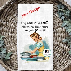 Funny Retro Housewife Tea Towel, Funny Kitchen Towel, Sassy Dish Towel, Try Hard to be a Nice Person But Some People Are Just So Stupid Tea