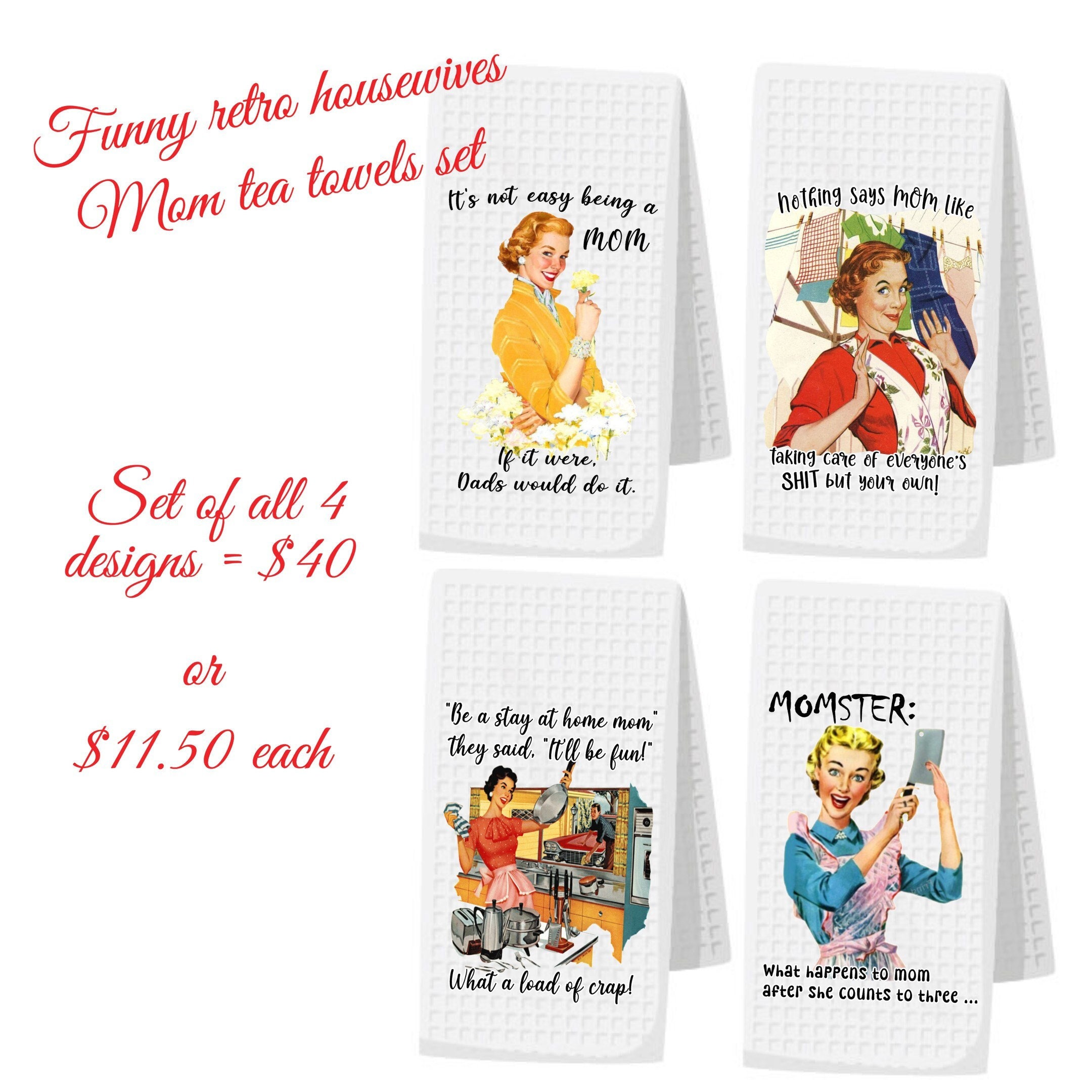 Retro Housewife Kitchen Towel Set Funny Tea Towels Pinup 