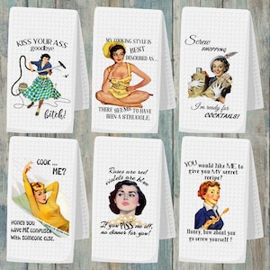 Lustiges Retro Hausfrau Handtuch, lustiges Küchentuch, sarkastisches Küchentuch, Einweihungsparty Freundschaftsgeschenk, Geschirrtuch, freie Personalisierung