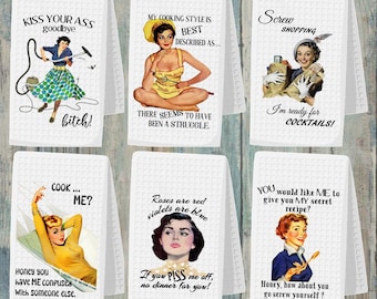 Funny Retro Housewife Towel, Funny Kitchen Towel, Sarcastic Kitchen Towel, Housewarming Friendship Gift, Dish Towel, Free Personalization