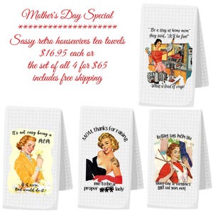 Funny Retro Housewife Set 4-Pack, Funny Tea Towel, Funny Kitchen Towel, Sarcastic Dish Towel