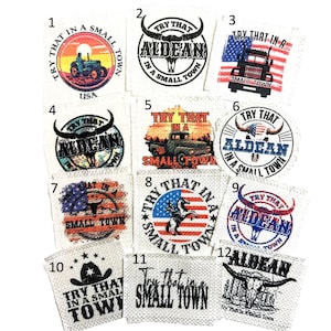 May include: Twelve different fabric patches with the text "Try That In A Small Town" and the name "Aldean". The patches feature various designs including a tractor, a truck, a skull, a cowboy hat, a horse, and an American flag.