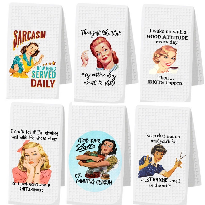 Funny Retro Housewife Towel, Funny Kitchen Towel, Sarcastic Kitchen Towel, Housewarming Friendship Gift, Dish Towels, Free Personalization image 1
