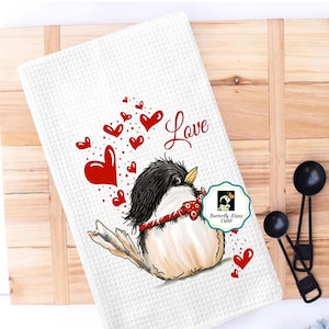 Whimsical Valentine Bird Tea Towel: Pot Holder, Hearts Car Coasters Microfiber Waffle Weave Towel
