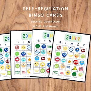 Puede incluir: Cuatro tarjetas de bingo imprimibles con zonas coloridas y emojis. Las tarjetas se titulan "Zones Bingo" y presentan imágenes de una zona verde, una zona amarilla, una zona azul y una zona roja. Las tarjetas están diseñadas para la autorregulación.