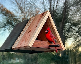Handmade Bird Feeder Window Mounted, Weather Proof, Glass Mounted Wood Bird Feeder, Bird House, Backyard Decor, Easy Install - Seed Included