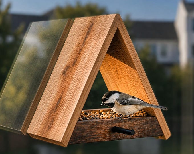 Handmade Cedar Wood Window Mounted Bird Feeder