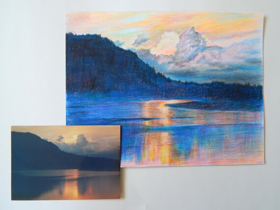 Items similar to Custom landscape colored pencil drawing, vacation, memory, nature, mountain ...