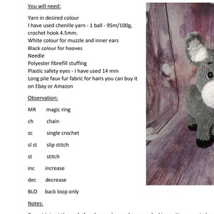 May include: A crochet pattern for a donkey, with a finished donkey visible on the right. The pattern includes a list of materials, abbreviations, and instructions. The text reads "Donkey Pattern" and "AniAmi Creations".