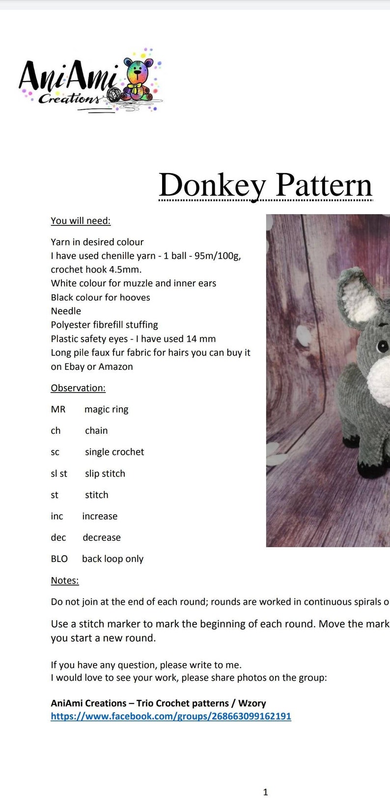 May include: A crochet pattern for a donkey, with a finished donkey visible on the right. The pattern includes a list of materials, abbreviations, and instructions. The text reads "Donkey Pattern" and "AniAmi Creations".