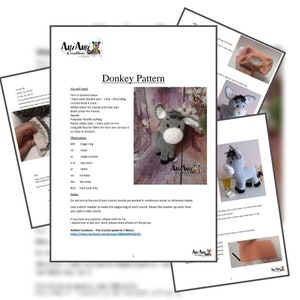 May include: A crochet pattern for a donkey, with instructions and a photo of the finished product. The pattern includes a list of materials, including yarn, a crochet hook, and safety eyes. The finished donkey is gray and white.