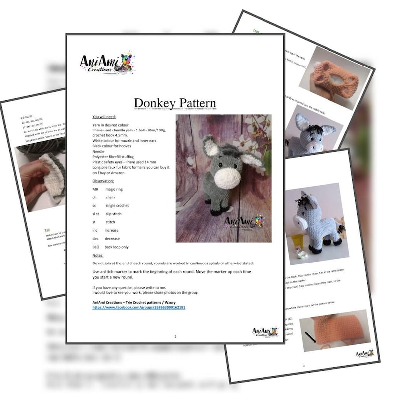 May include: A crochet pattern for a donkey, with instructions and a photo of the finished product. The pattern includes a list of materials, including yarn, a crochet hook, and safety eyes. The finished donkey is gray and white.