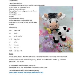 Puede incluir: Un patr&oacute;n de crochet para hacer un amigurumi de vaca. El patr&oacute;n incluye instrucciones para usar hilo blanco, crema, negro, amarillo, marr&oacute;n y verde. El patr&oacute;n tambi&eacute;n incluye instrucciones para usar un gancho de crochet de 4 mm, una aguja, relleno de fibra de poli&eacute;ster, ojos de seguridad de pl&aacute;stico y tela de piel sint&eacute;tica para el pelo de la vaca. El patr&oacute;n est&aacute; disponible en el grupo de Facebook AniAmi Creations.