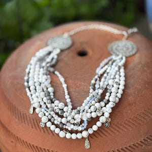 Howlite & Moonstone Layered Statement Necklace | Ukrainian Korali Inspired | Handmade Multi-Strand Beaded Jewelry