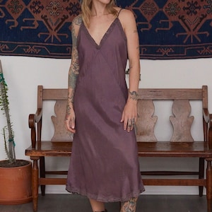 Vintage Garment Dyed Purple Bias Cut Silk Slip / Lace / 1960s 1970s / M L