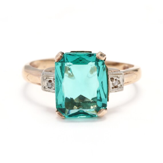 Vintage 1940s 10k Yellow Gold, Green Glass and Dia