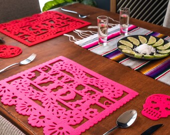 Papel Picado Placemats VIVA LA VIDA Felt Placemats Mexican Fiesta Table Decor Made in Mexico | Set of 7 Colors | Ships from Usa