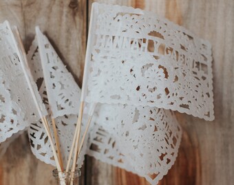 Personalized Wedding Favors Waving Flags | Mini Papel Picado Flags Made in Custom Colors | 5.9in x 4.7in on 30cm Wooden Stick | SHIPS TO USA