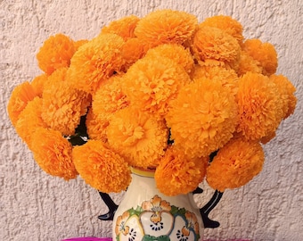 Cempasuchil Day of the Dead Marigold Flowers - Dia de los Muertos Ofrenda Decor - Set of 12 Sustainably Made in Crepe Paper - SHIPS FROM USA