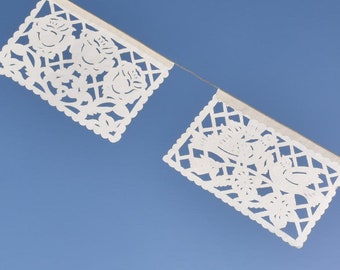 White Papel Picado DIY Wedding Bunting Decorations 5metre/16.4ft Lon Paper Bunting Banner Strung with 12 Medium Sized Paper Flags