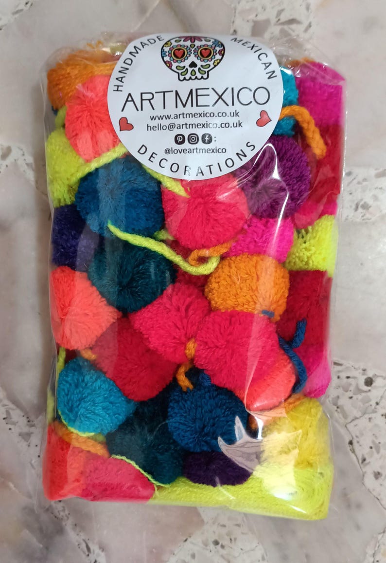 Vibrant Wall Hanging Nursery Room Decor Bedroom Boho Accessory Colorful Pompom Garland with tassels Mexican Decoration Handmade String Banner Three Pack Collection Five Feet Long Festive Bunting Bohemian Style Authentic Design Party Decoration