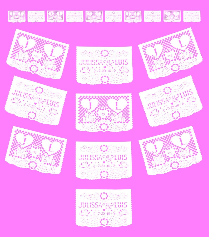Puede incluir: Recortes de papel blanco con un delicado dise&ntilde;o de encaje. Los recortes presentan los nombres "JULISSA" y "LUIS" con la fecha "7-23-16".