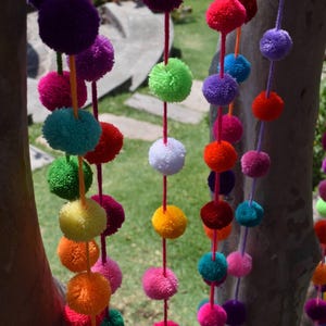 Colorful Pompom Garland Mexican Decoration Handmade String Banner Vibrant Wall Hanging Three Pack Collection Five Feet Long Twenty Pompoms Per String Bohemian Style Festive Bunting Nursery Room Decor Bedroom Boho Accessory Party