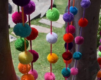 Colorful Pompom Garlands Boho Mexican Decorations Handmade Home Decor Vibrant Wall Hanging Nursery Room Decor Bedroom Boho Accessories