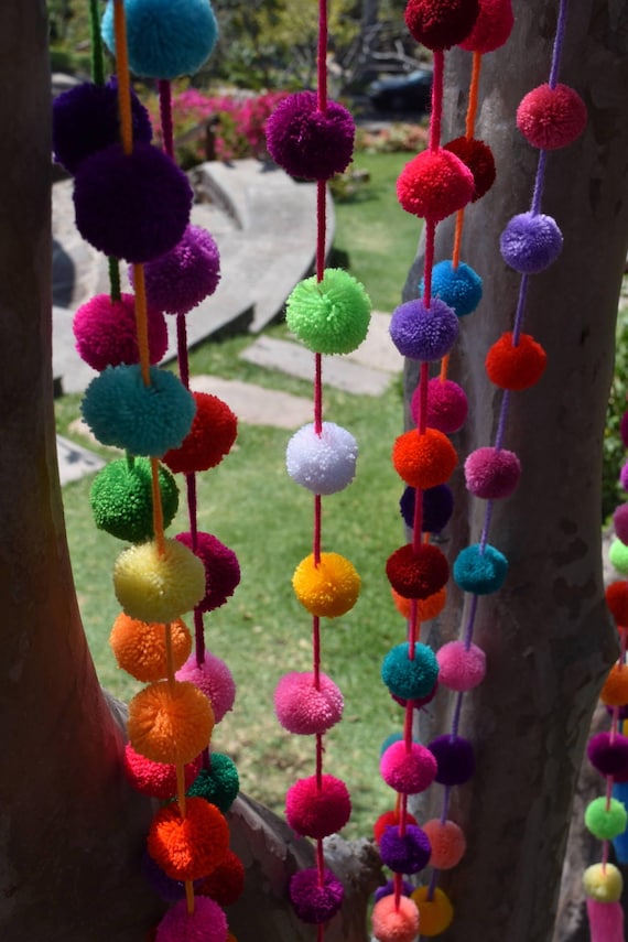 Colorful Pompom Garlands Boho Mexican Decorations Handmade Home Decor Vibrant Wall Hanging Nursery Room Decor Bedroom Boho Accessories