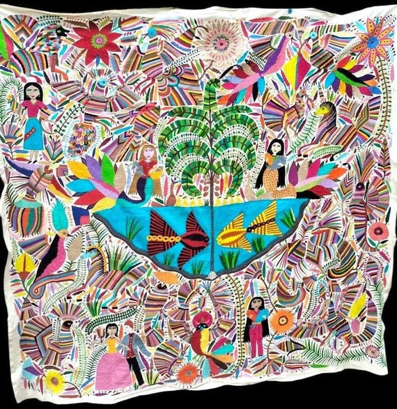 Handgefertigter mexikanischer Otomi Wandteppich Große bestickte Tenango Wandkunst - Einzigartiges Housewarming Geschenk