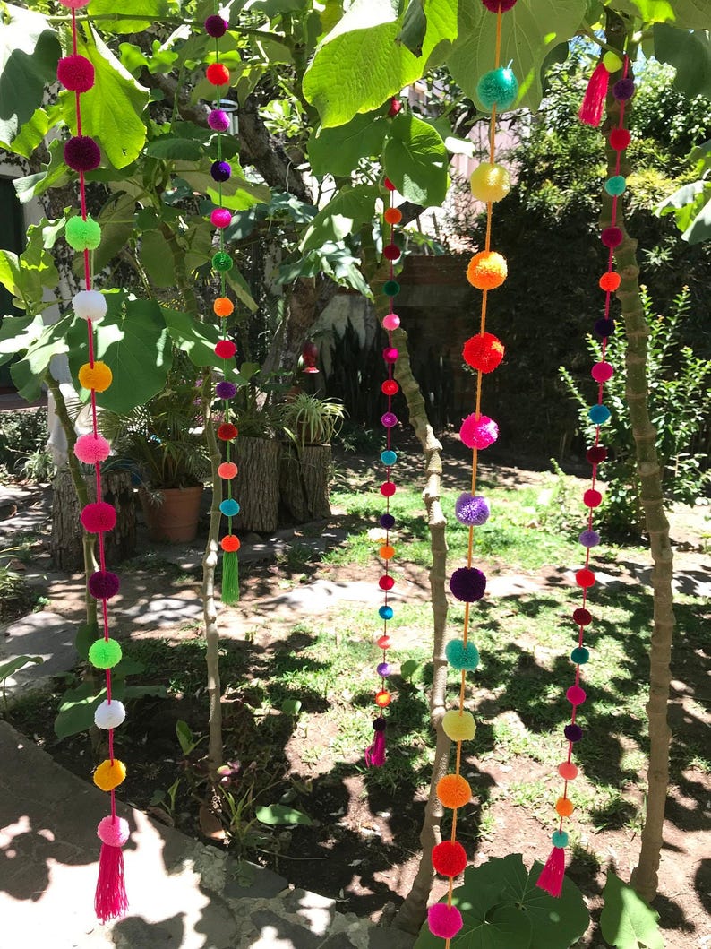 Bohemian Style Festive Bunting Colorful Pompom Garland Mexican Tassel Decoration Handmade String Banner Vibrant Wall Hanging Three Pack Collection Five Feet Long Bedroom Boho Accessory Nursery Room Decor Playroom Addition Authentic Design