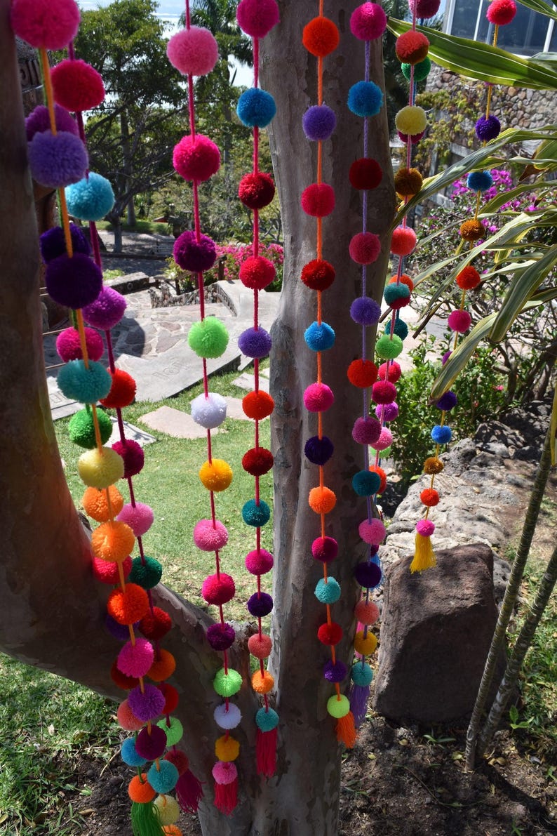 Handmade String Banner Vibrant Wall Hanging Nursery Room Decor Colorful Pompom Garland Mexican Tassel Decoration Three Pack Collection Gift Idea Housewarming Present Baby Shower Decoration Bedroom Boho Accessory Festive Bunting Playroom